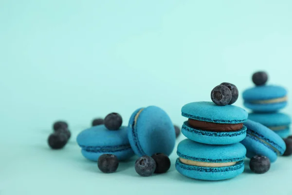 Delicious Macarons Blueberries Light Blue Background Space Text — Stock Photo, Image