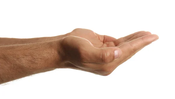 Man Holding Something White Background Closeup — Stock Photo, Image