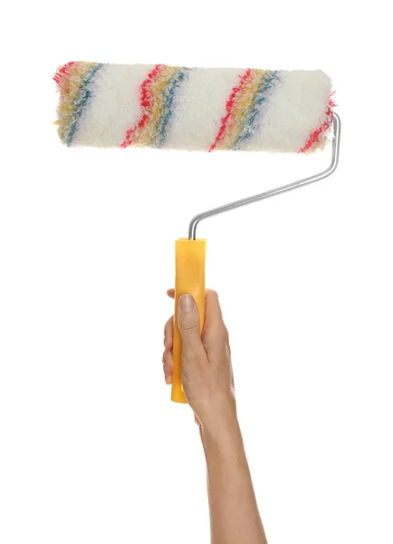 Woman Holding Paint Roller Brush White Background Closeup — Stock Photo, Image