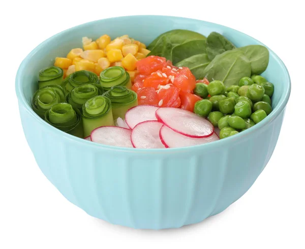 그릇에 연어와 야채가 맛있는 샐러드 — 스톡 사진