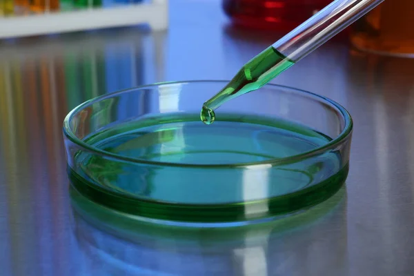 Liquide Vert Égoutté Dans Une Boîte Pétri Avec Échantillon Sur — Photo