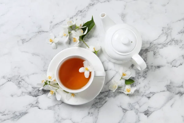 Aromatic Jasmine Tea Fresh Flowers White Marble Table Flat Lay — Stock Photo, Image