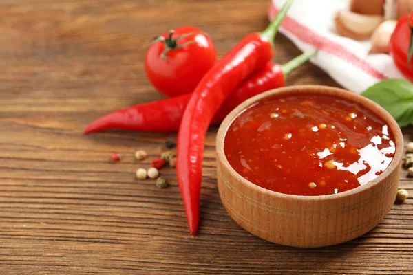 Spicy Chili Sauce Ingredients Wooden Table Space Text — Stock Photo, Image