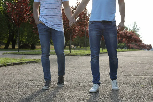 Homosexuell Paar Fuß Park Sonnigen Tag Nahaufnahme — Stockfoto