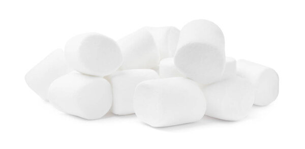 Pile of delicious puffy marshmallows on white background