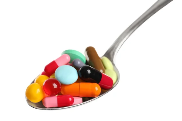 Cucchiaio Con Diverse Pillole Colorate Sfondo Bianco — Foto Stock