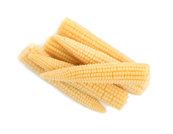 Färsk Baby Corn Kolvar Vit Bakgrund Ovanifrån — Stockfoto