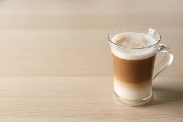 Heißer Kaffee Mit Milch Glasschale Auf Holztisch Raum Für Text — Stockfoto