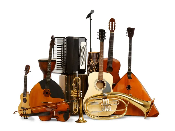 Set Diferentes Instrumentos Musicales Micrófono Sobre Fondo Blanco —  Fotos de Stock