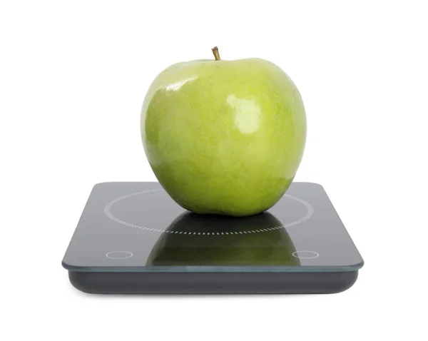 Ripe Green Apple Electronic Scales White Background — Stock Photo, Image