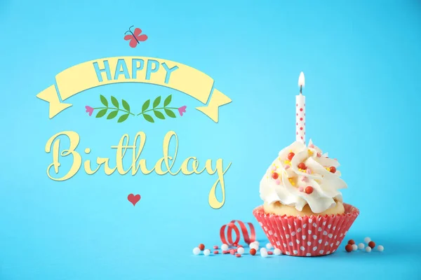 Gelukkige Verjaardag Heerlijke Verjaardag Cupcake Met Kaars Lichtblauwe Achtergrond — Stockfoto