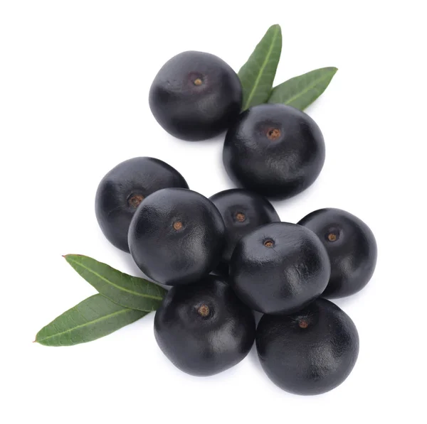 Mucchio Bacche Acai Fresche Mature Foglie Verdi Sfondo Bianco Vista — Foto Stock