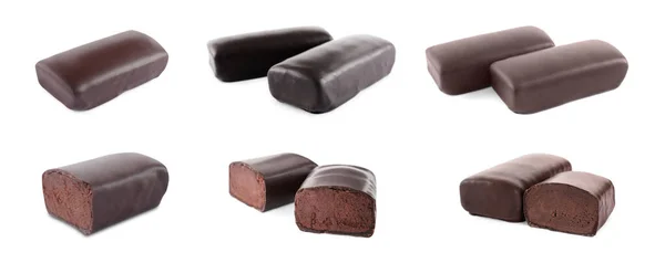 Set Con Deliciosos Snacks Cuajada Esmaltada Sobre Fondo Blanco Diseño —  Fotos de Stock