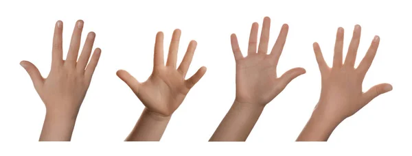 Colagem Com Fotos Criança Mostrando Mão Fundo Branco Close Design — Fotografia de Stock