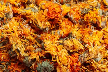 Arkaplan olarak kuru takvim çiçekleri yığını, yakın plan