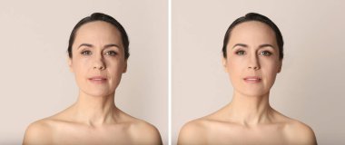 Rötuş öncesi ve sonrası fotoğraf, kolaj. Bej arka planda güzel olgun bir kadının portresi, pankart tasarımı