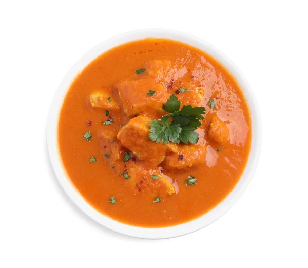 Bowl Finom Csirke Curry Fehér Háttér Felső Nézet — Stock Fotó