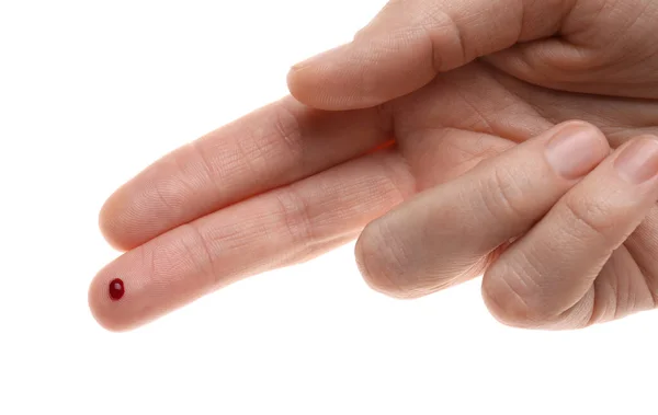 Mujer Con Dedo Pinchado Gota Sangre Sobre Fondo Blanco Primer —  Fotos de Stock