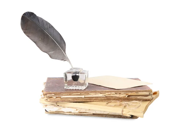 Feather Pen Inkwell Old Books White Background — Stock Photo, Image