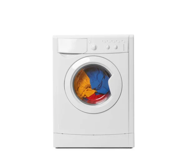 Modern Tvättmaskin Med Kläder Isolerade Vitt — Stockfoto