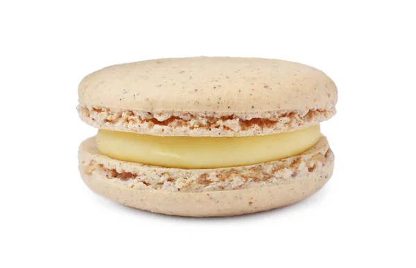 Macaron Beige Isolato Bianco Delizioso Dessert — Foto Stock