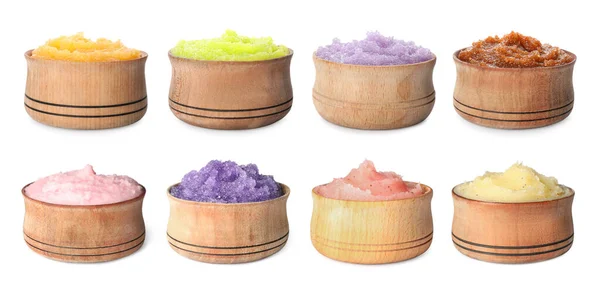 Set Different Body Scrubs Wooden Bowls White Background Banner Design — Stock Photo, Image