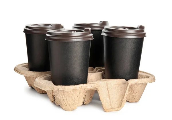 Takeaway Paper Coffee Cups Cardboard Holder White Background — Stock Photo, Image