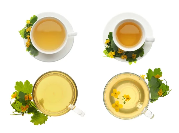 Conjunto Com Xícaras Chá Celandino Aromático Fundo Branco Vista Superior — Fotografia de Stock