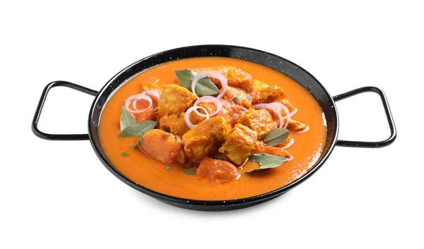 Délicieux Curry Poulet Dans Une Casserole Sur Fond Blanc — Photo