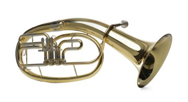 Tenor boynuzu beyazda izole edilmiş. Rüzgar müzik aleti