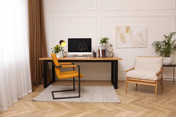 Room Interior Comfortable Workplace Modern Computer Wooden Desk — Stock Photo, Image