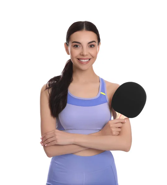 Wanita Muda Cantik Dengan Raket Tenis Meja Latar Belakang Putih — Stok Foto