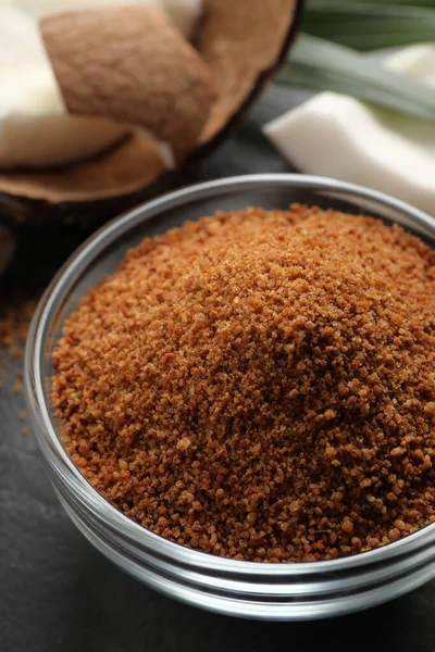 Natural Coconut Sugar Glass Bowl Black Table — Stock Photo, Image