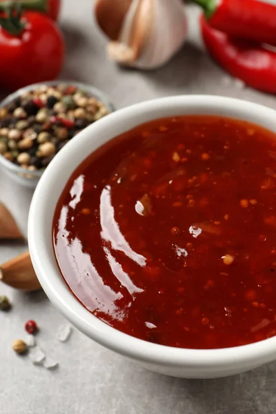 Spicy Chili Sauce Bowl Grey Table Closeup — Stock Photo, Image