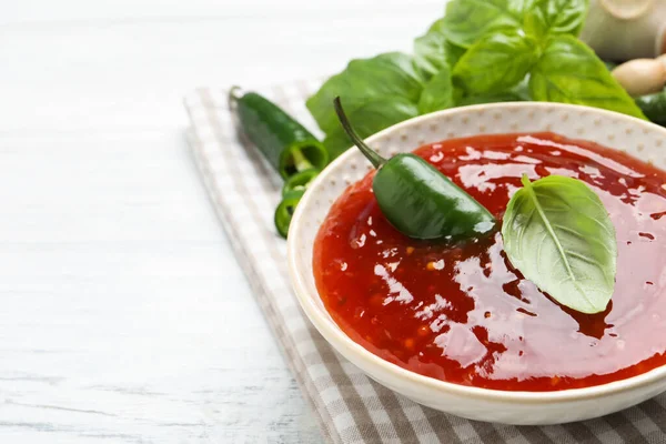 Spicy Chili Sauce Basil White Wooden Table Closeup Space Text — Stock Photo, Image