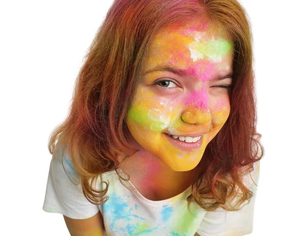 Adolescente Couverte Colorants Poudre Colorés Sur Fond Blanc Holi Célébration — Photo