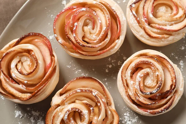 Freshly Baked Apple Roses Plate Top View Beautiful Dessert — Stock Photo, Image