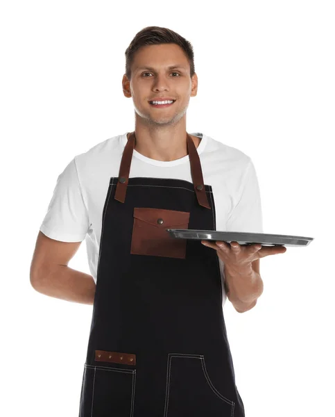 Portrait Happy Young Waiter Tray White Background — Stock Photo, Image