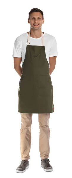 Full Längd Porträtt Glad Ung Servitör Uniform Vit Bakgrund — Stockfoto