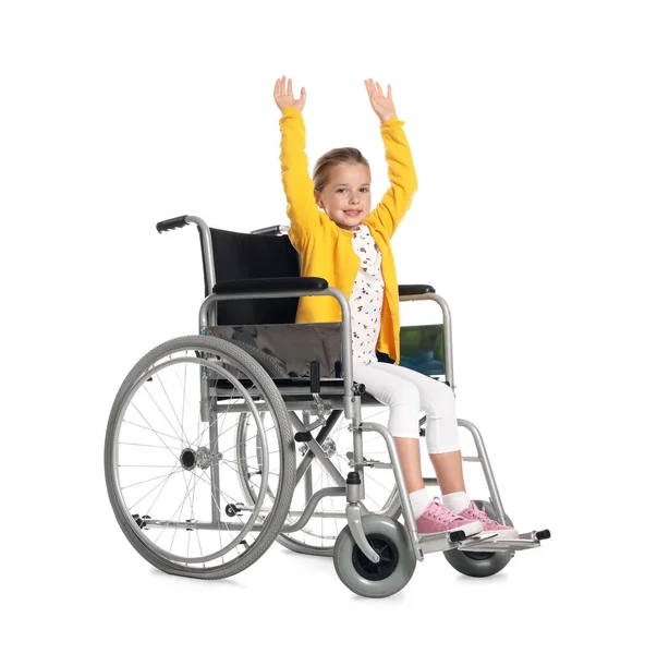 Mała Dziewczynka Wózku Inwalidzkim Białym Tle — Zdjęcie stockowe