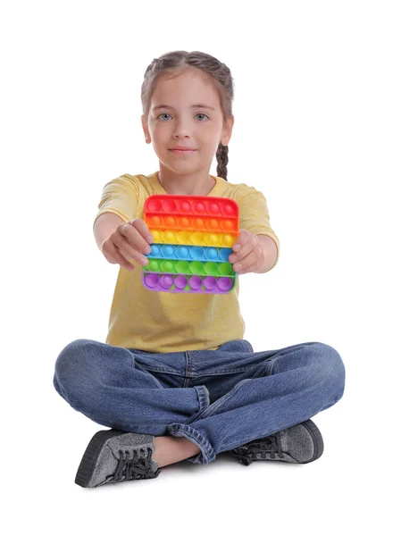 Klein Meisje Met Pop Fidget Speelgoed Witte Achtergrond — Stockfoto