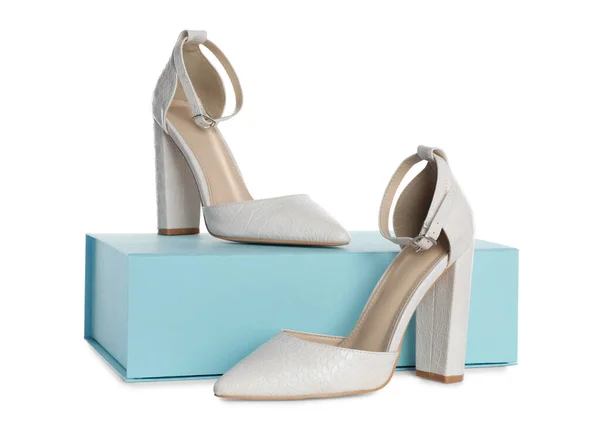 Pair Stylish Shoes Turquoise Box White Background — Stock Photo, Image