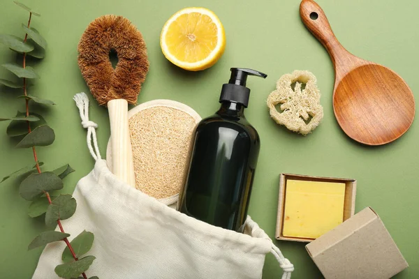 Flat Lay Composition Eco Friendly Products Green Background — Stock Photo, Image