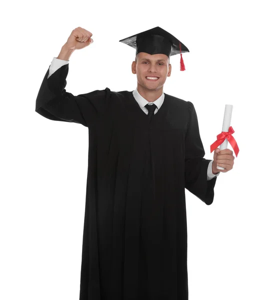 Allievo Felice Abito Accademico Con Diploma Sfondo Bianco — Foto Stock