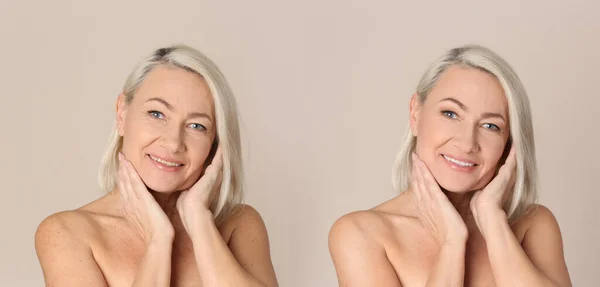 Foto Sebelum Dan Setelah Retouch Kolase Portrait Beautiful Matre Woman — Stok Foto