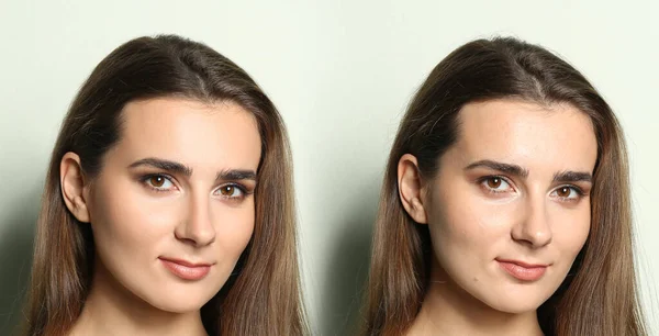 Foto Sebelum Dan Setelah Retouch Kolase Portrait Beautiful Young Woman — Stok Foto