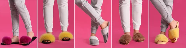 Collage Photos Women Wearing Stylish Slippers Pink Background Closeup Banner — Stock Photo, Image