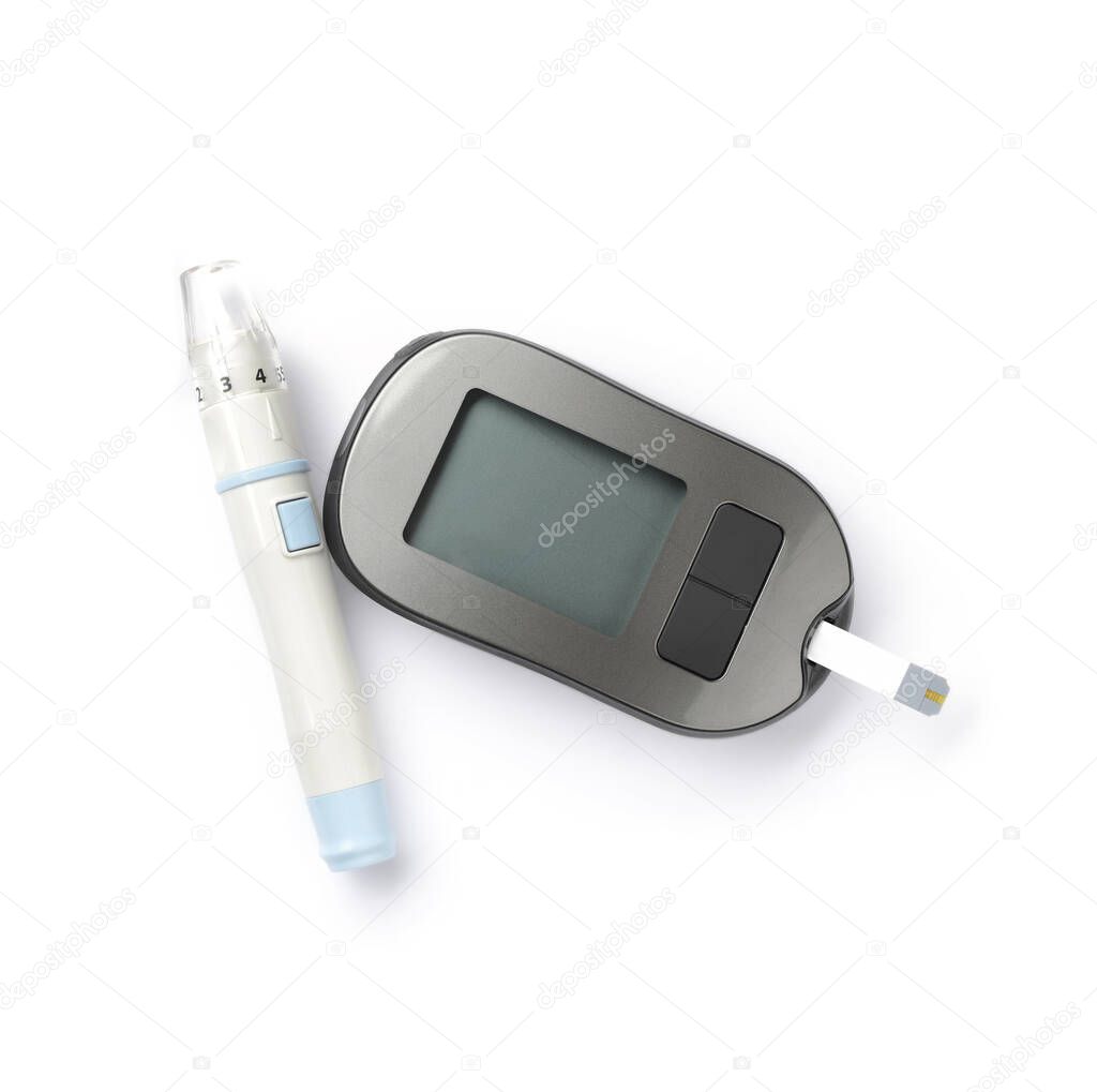 Modern glucometer with test strip and lancet pen on white background, top view