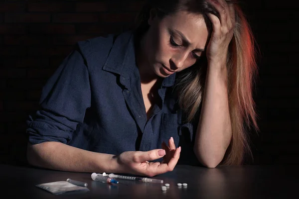 Addicted Woman Table Different Drugs Black Background Stock Photo