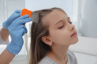 Klinikte kızın saçında bit tarağı kullanan bir doktor. Bit önleyici tedavi